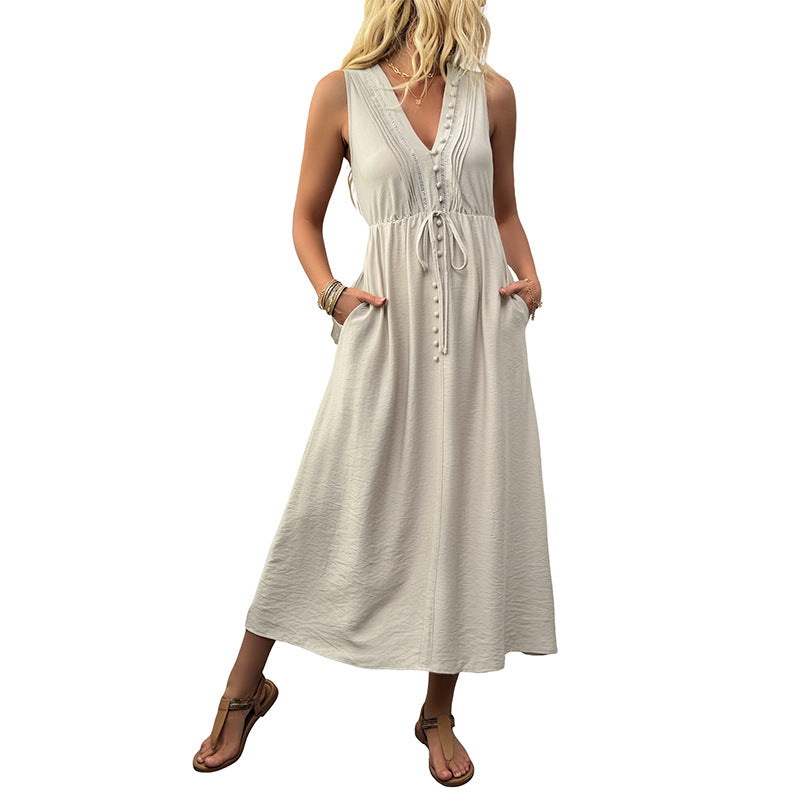 Damen Langarm-Wickelkleid mit dekorativen Knöpfen und elastischem Taillenzug Drune