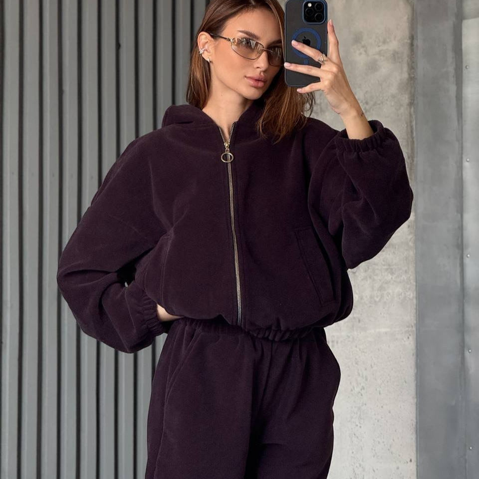 Damen Bequemer Velours-Jogginganzug mit Kapuze und Reißverschluss Drune