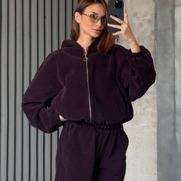 Damen Bequemer Velours-Jogginganzug mit Kapuze und Reißverschluss Drune