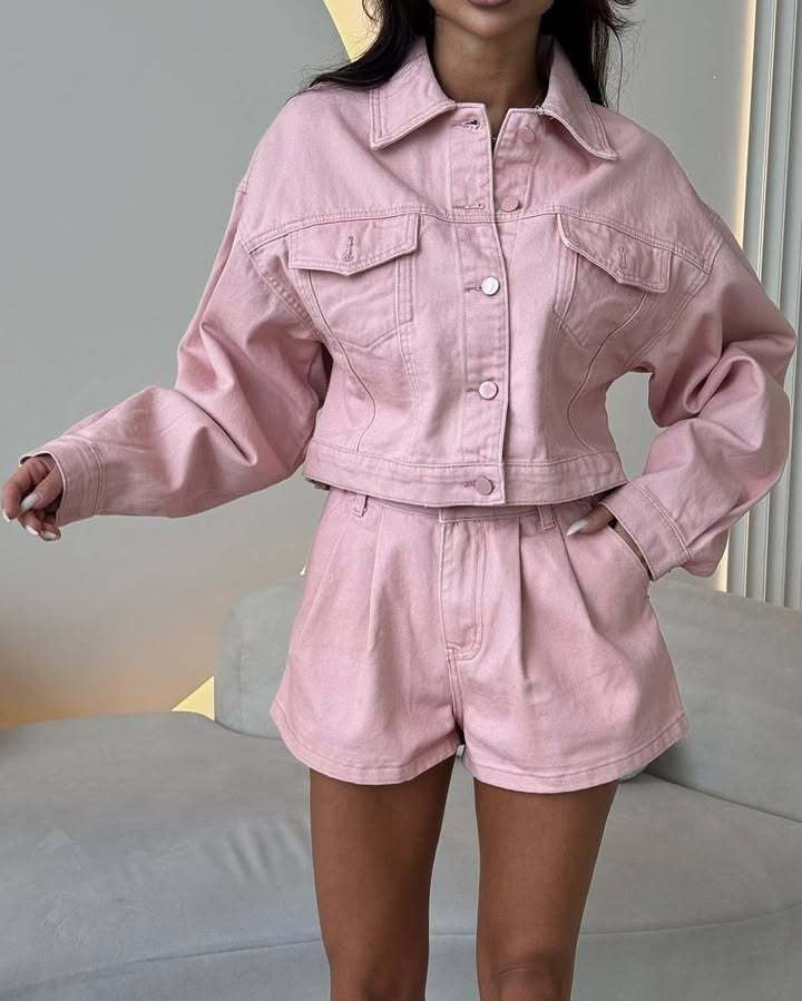 Damen Denim-Jacke mit kurzen Ärmeln und passendem Shorts Drune