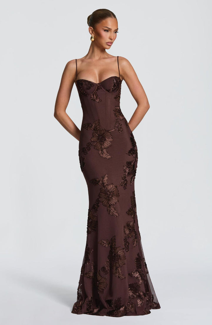 Damen figurbetontes Abendkleid mit floralem Stickdesign und hochwertigem Stoff Drune