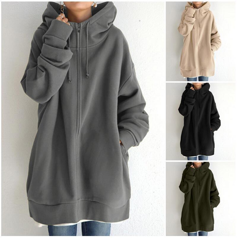 Damen nan oversized Kapuzenlongpullover mit Reißverschluss und Eingrifftaschen Drune