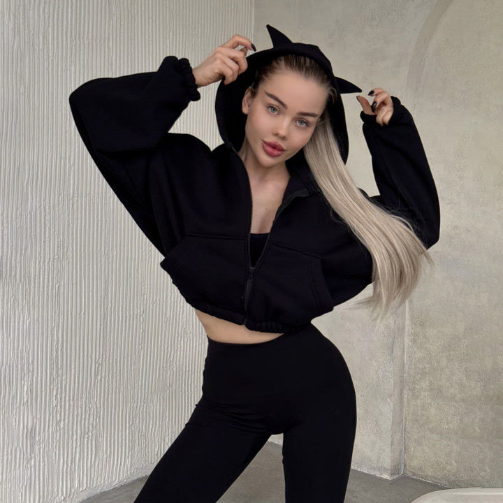 Damen cropped Kapuzenjacke mit einzigartigem Ohren-Design Drune