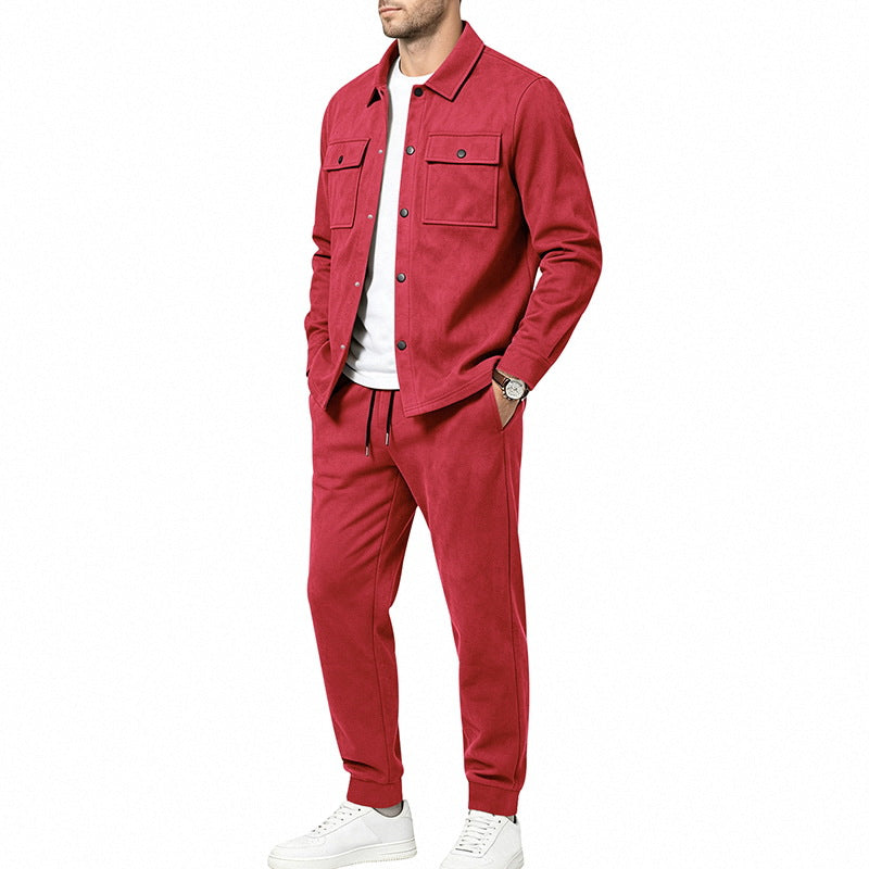 Herren nan Velours-Lounge-Set mit Overshirt, aufgesetzten Brusttaschen und tapered Jogginghose Drune