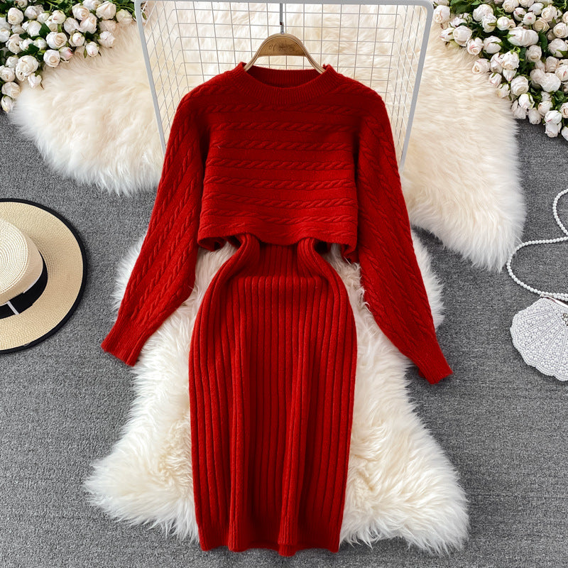 Damen modisches Zopf-Strickkleid mit cropped Pulloverteil Drune