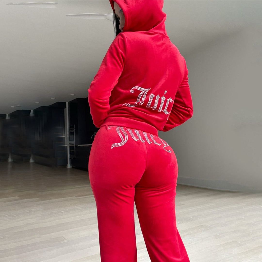 Damen nan luxuriöser Velours Trainingsanzug mit Reißverschlussjacke und Jogginghose Drune