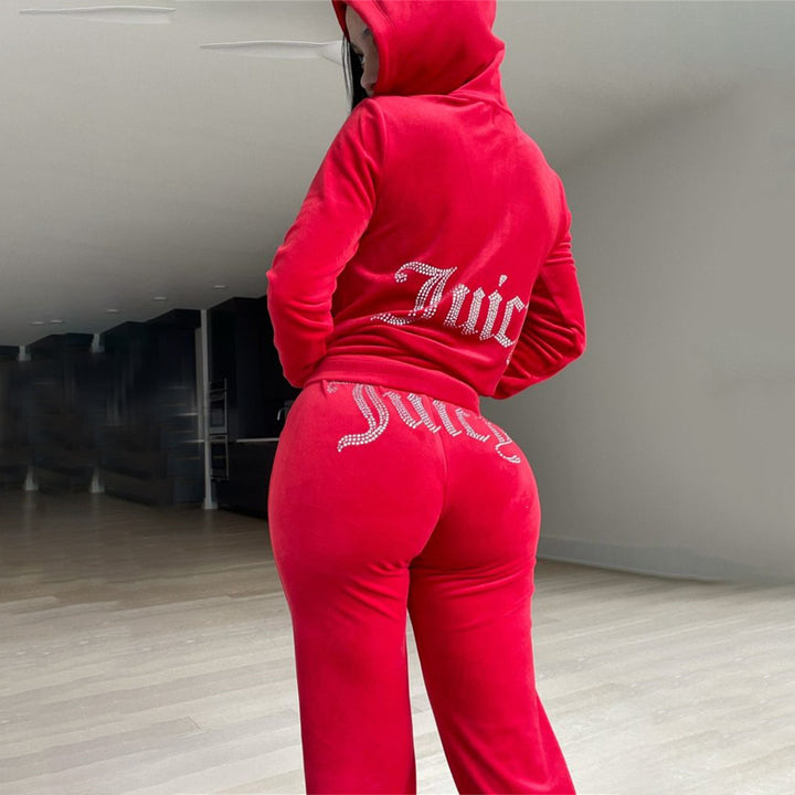 Damen nan luxuriöser Velours Trainingsanzug mit Reißverschlussjacke und Jogginghose Drune