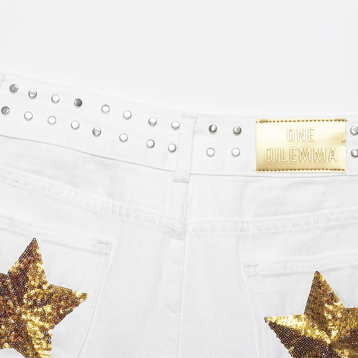 Damen modische Denim-Shorts mit dekorativem Nietenbund Drune