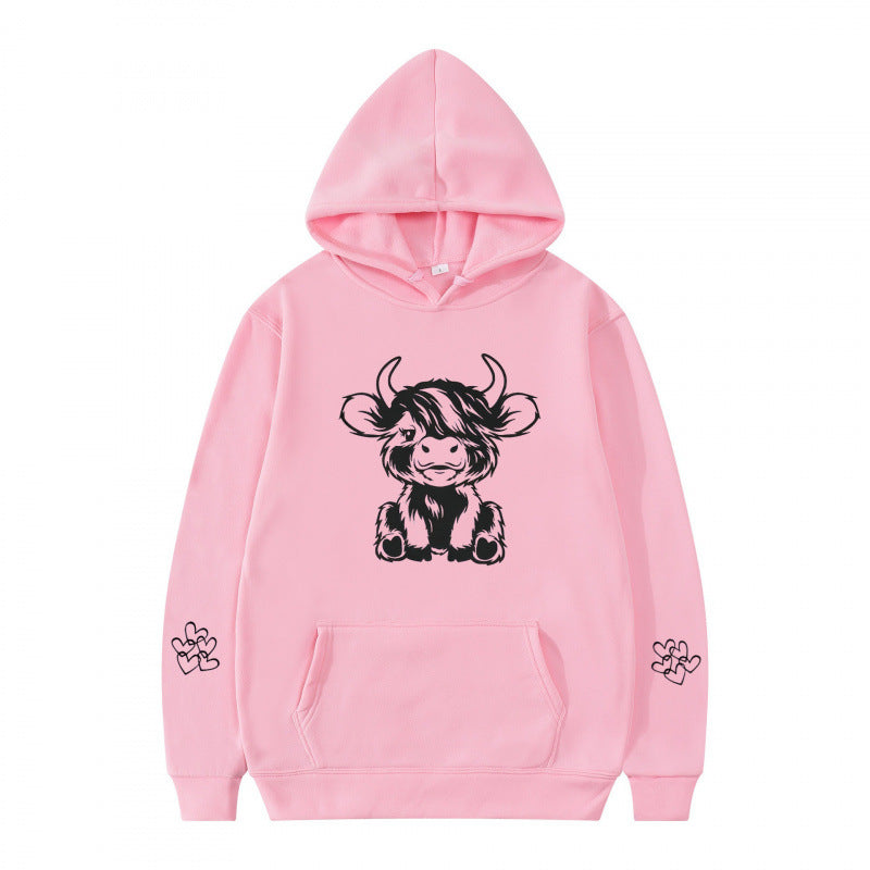 Damen Kapuzensweater mit entzückendem Kuhmotiv und praktischen Kängurutaschen Drune