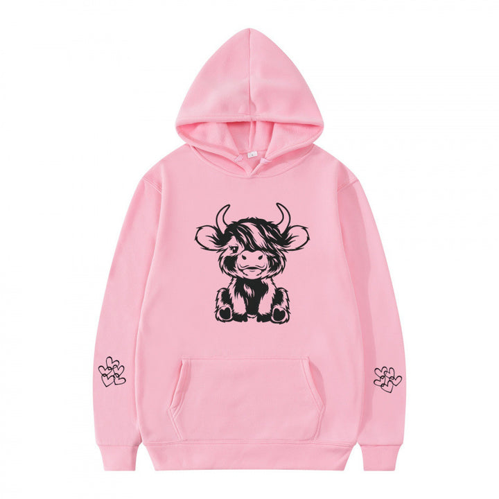 Damen Kapuzensweater mit entzückendem Kuhmotiv und praktischen Kängurutaschen Drune