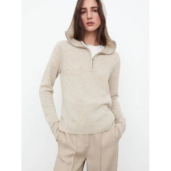 Damen eleganter Strickpullover mit Kapuze und halbem Reißverschluss Drune