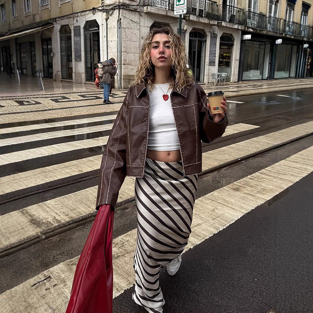 Damen cropped Kunstlederjacke mit feinen Nähten und weitem Schnitt Drune