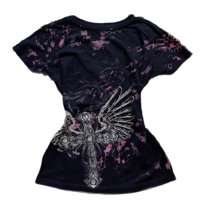 Damen V-Ausschnitt T-Shirt mit beeindruckendem Grafikkreuz Drune