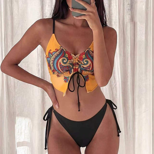 Damen Crop-Top Bikini mit auffälligem Druck und raffinierten Schnürdetails Drune