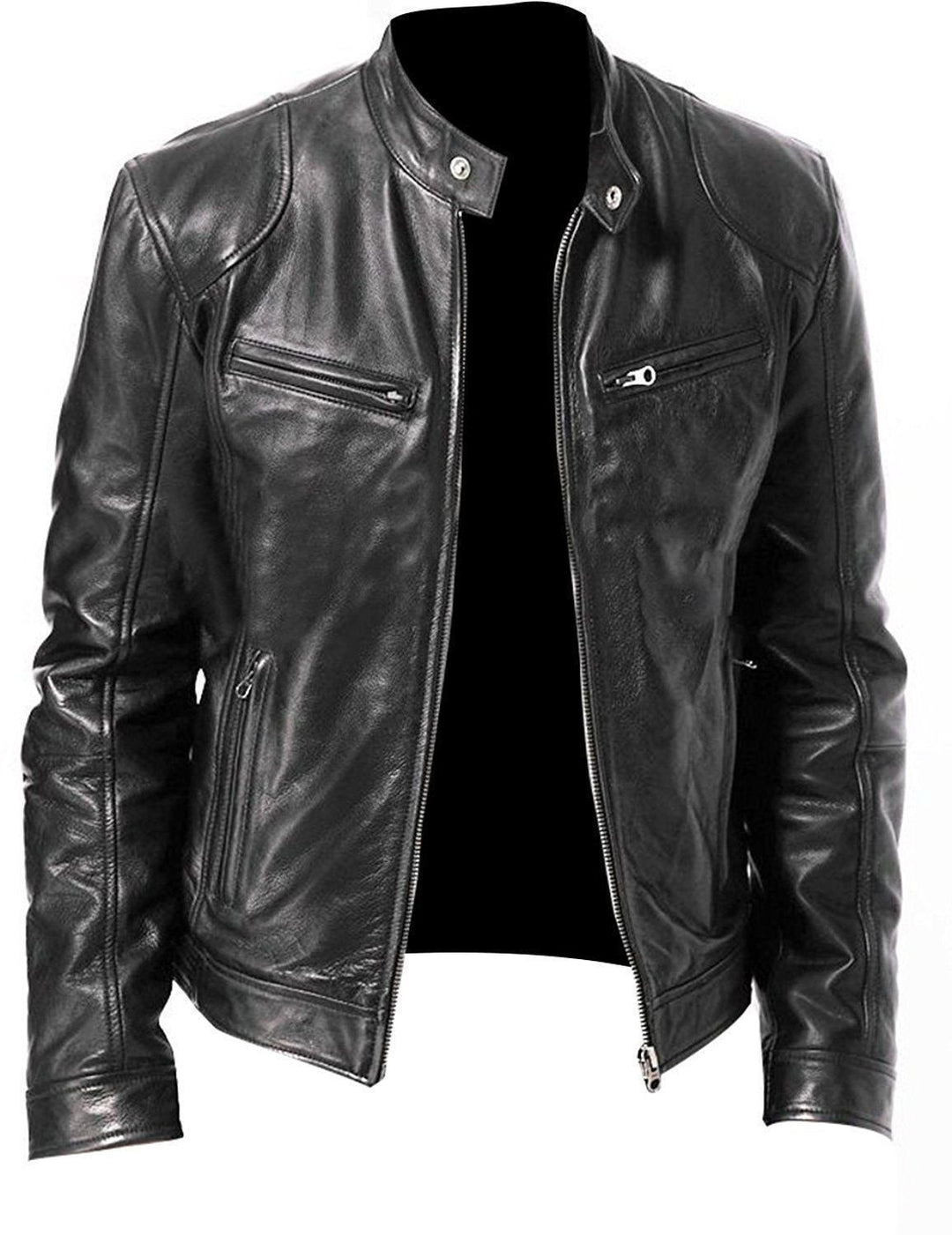 Herren nan vintage-inspirierte Lederjacke im Bikerstil mit Stehkragen und sichtbaren Reißverschlüssen Drune