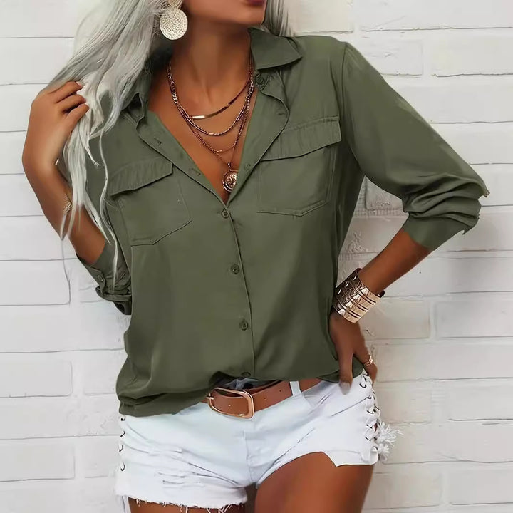 Damen nan leichte V-Ausschnitt Chiffonbluse mit Brusttaschen und geknöpftem Frontverschluss Drune