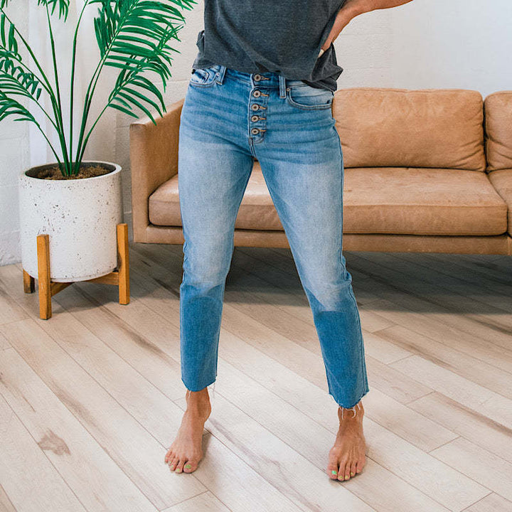 Damen Hochtaillierte Jeans im Used-Look mit Knopfleiste und ausgefransten Säumen Drune