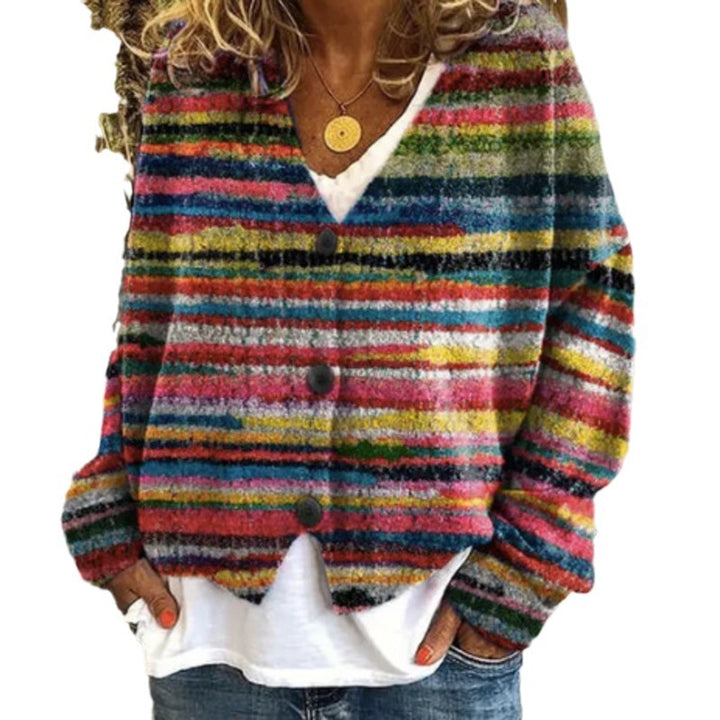 Damen lässiger Strickcardigan mit bunten Streifen und Knopfdetails Drune