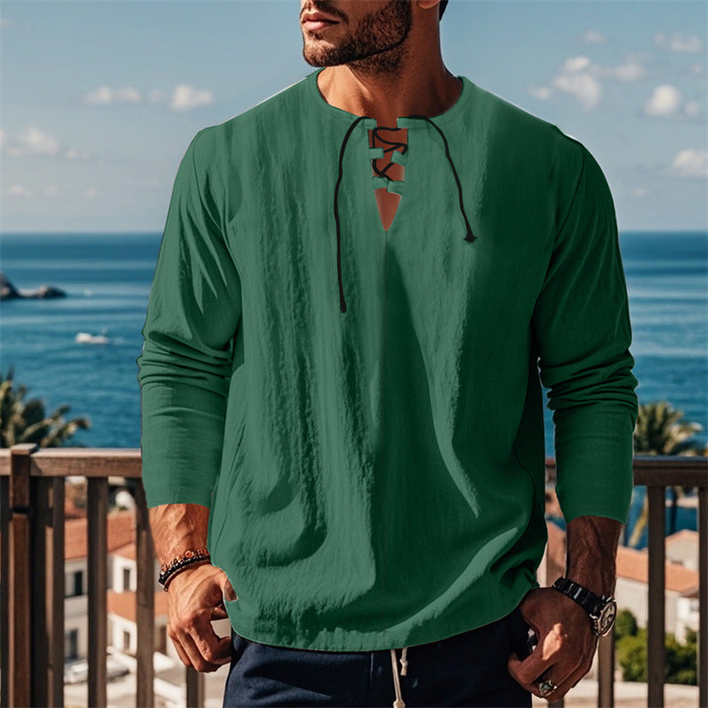Herren modisches Langarmshirt mit Schnürung und V-Ausschnitt Drune