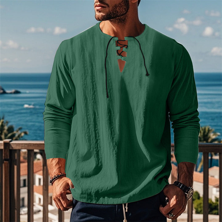 Herren modisches Langarmshirt mit Schnürung und V-Ausschnitt Drune