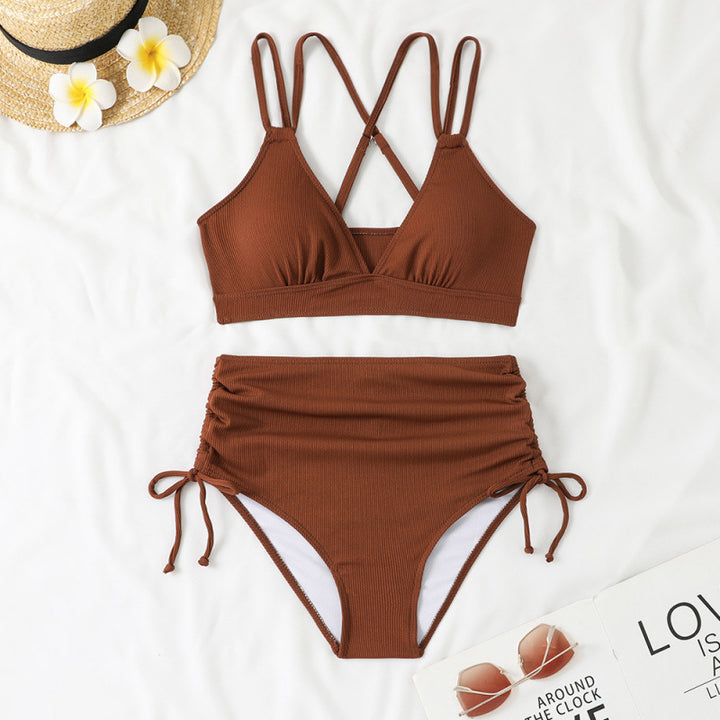 Damen schickes High-Waist-Bikini-Set mit verstellbaren Trägern und Raffung Drune
