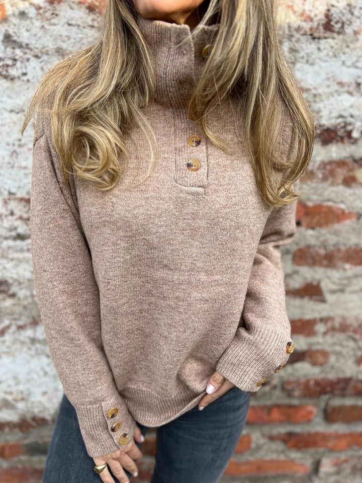 Damen kuscheliger Pullover mit hohem Kragen und dekorativen Knopfdetails Drune