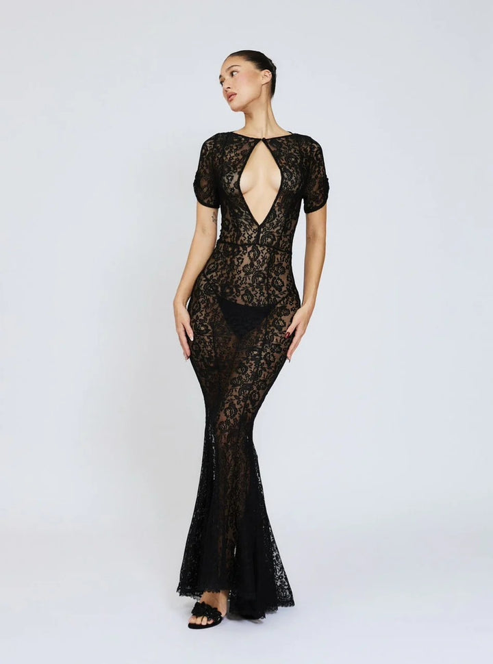 Damen Spitzenkleid mit tiefem Ausschnitt und ausgestelltem Schnitt Drune