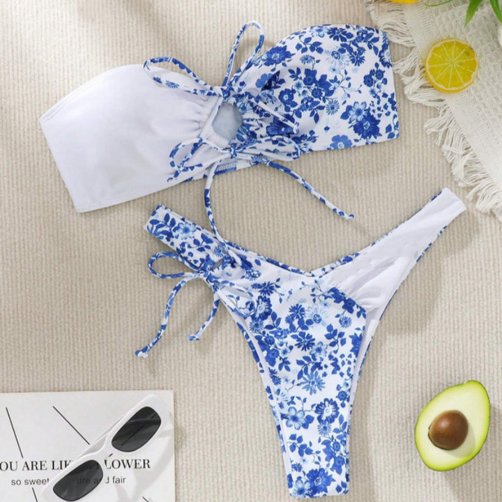 Damen Bandeau-Bikini Set mit floralem Design Drune