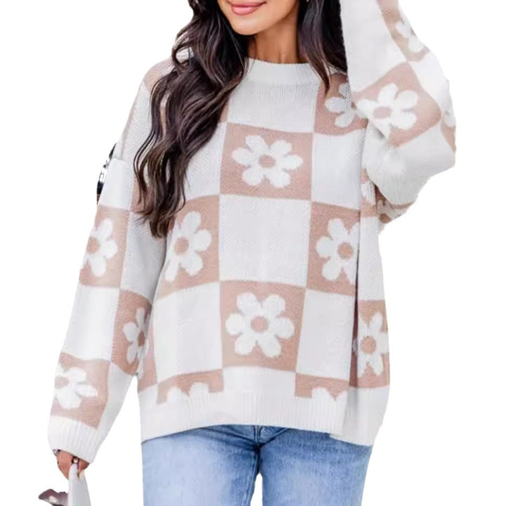 Damen Oversized Strickpullover mit floralem Muster und lässigem Schnitt Drune