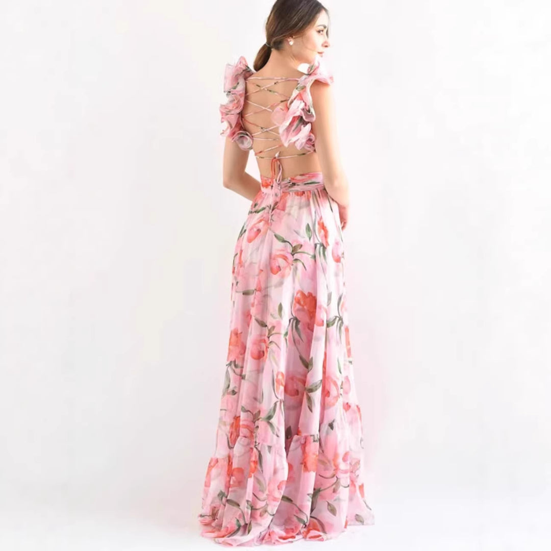 Damen Maxikleid im romantischen Vintage-Stil mit fließendem Rock und Rüschendetails Drune