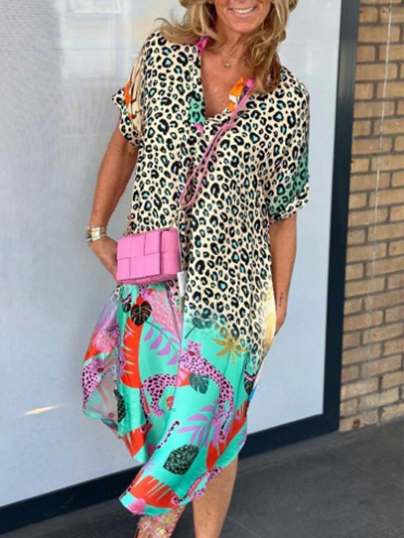 Damen nan weit geschnittenes V-Ausschnitt Midikleid mit Leoparden- und Tropenprint Drune