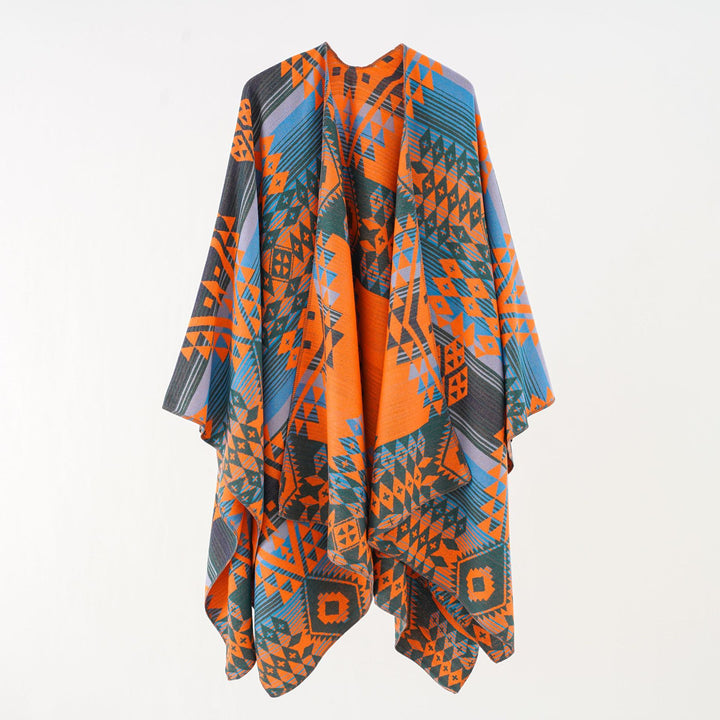 Damen Geometrischer Überwurfponcho mit warmem Material und trendiger Musterung Drune