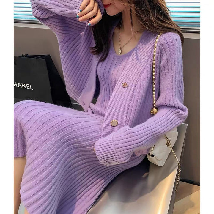Damen Strickensemble mit elegantem V-Ausschnitt und dekorativem Cardigan Drune