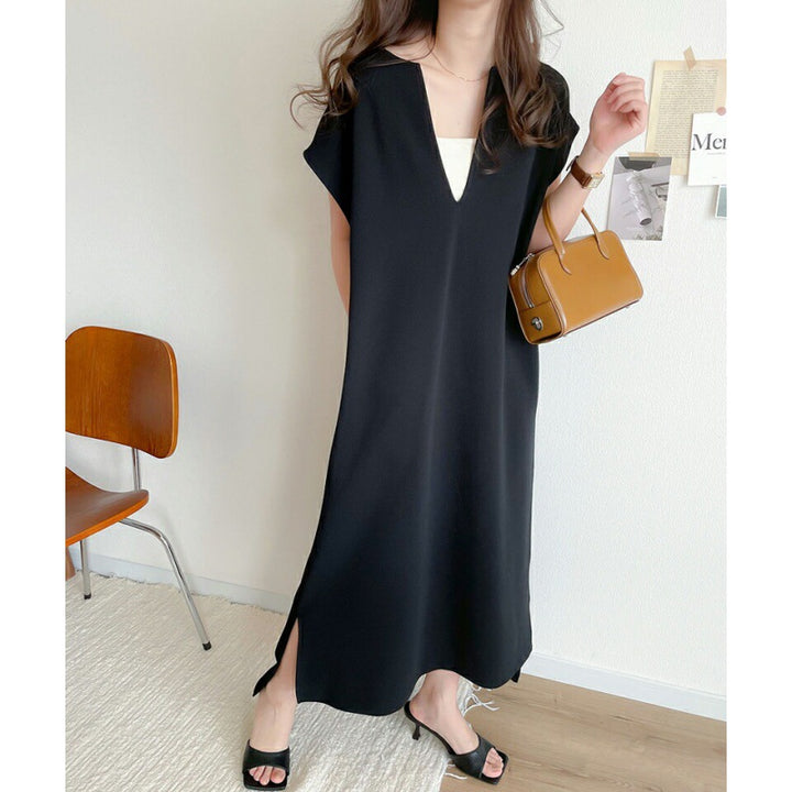 Damen Midi-Kleid mit innovativem V-Ausschnitt und praktischen Seitentaschen Drune