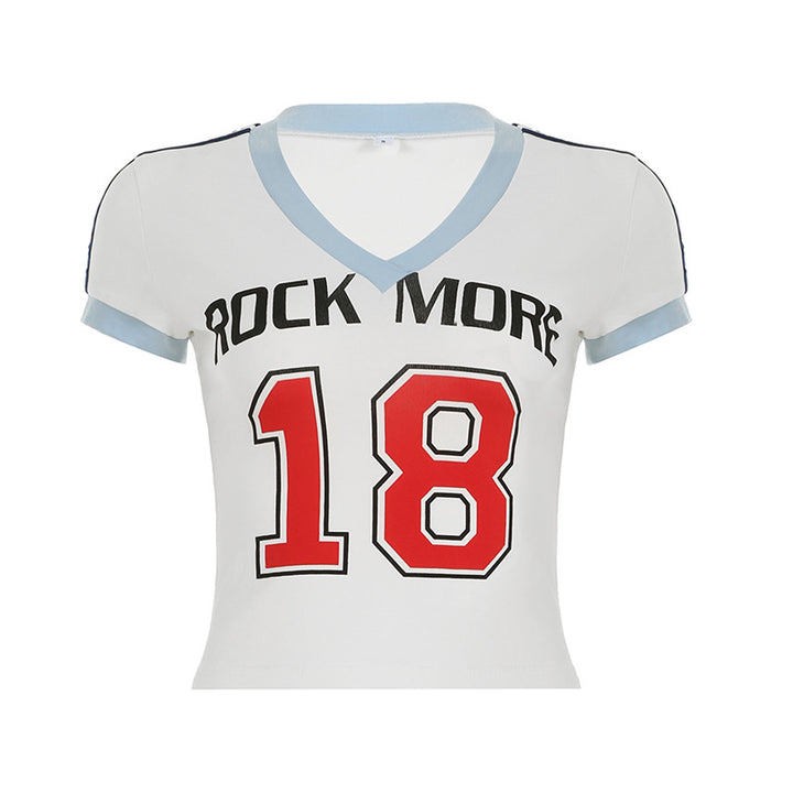 Damen V-Ausschnitt Kurzarm-Shirt mit sportlichem Statement-Druck Drune