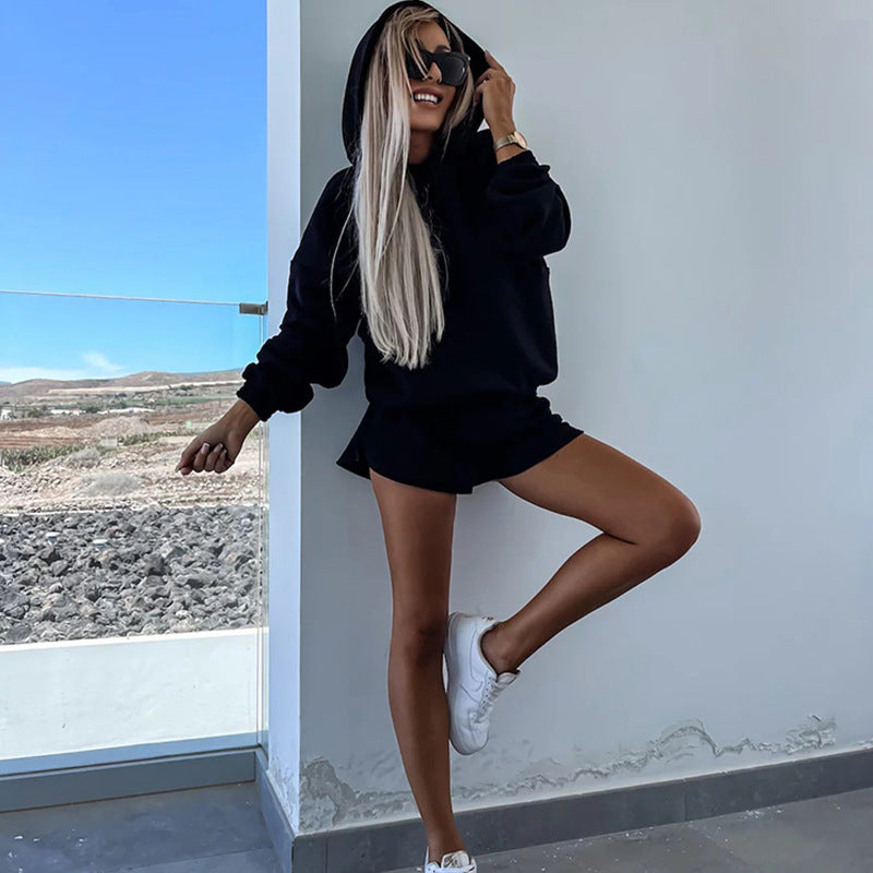Damen lässiges Kapuzenoberteil und Shorts-Set Drune