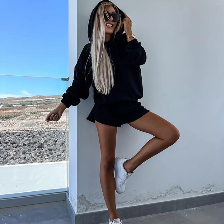 Damen lässiges Kapuzenoberteil und Shorts-Set Drune