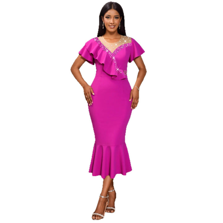 Damen figurbetontes Kleid mit Rüschendesign und Strassakzenten Drune