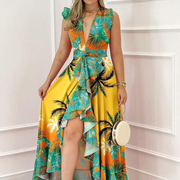 Damen Maxi-Kleid mit tiefem V-Ausschnitt und asymmetrischem Rock Drune