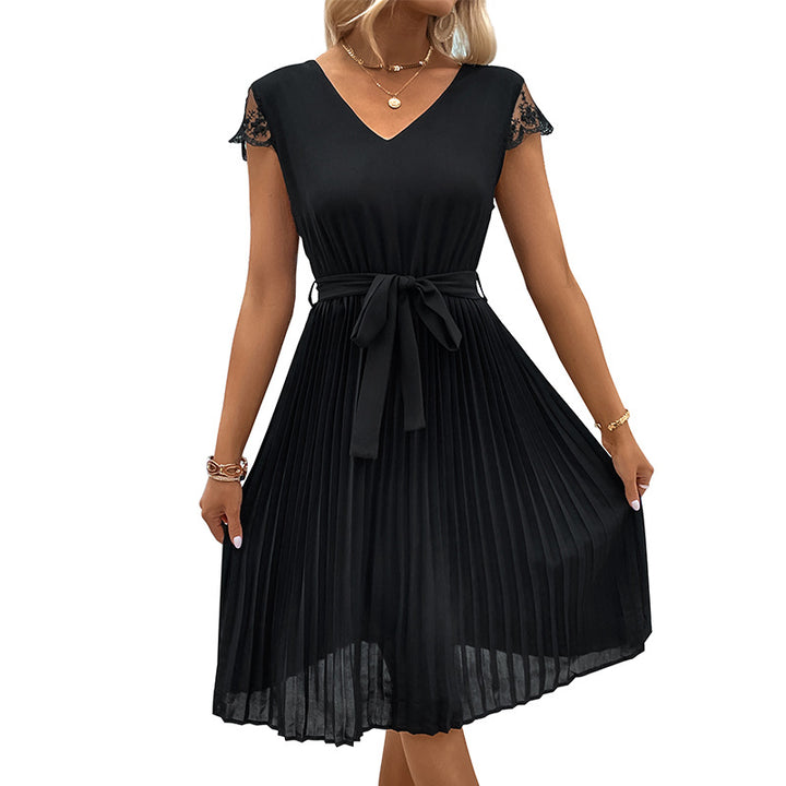 Damen Plissee-Kleid mit Spitze und tailliertem Gürtel Drune