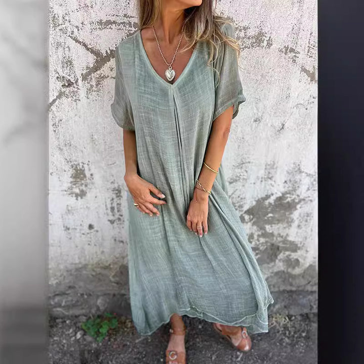 Damen lässiges Midikleid mit V-Ausschnitt und weit ausgestellten Ärmeln Drune