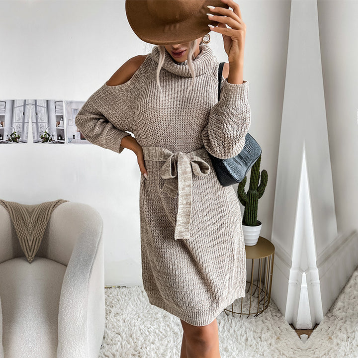 Damen Strickkleid mit offener Schulter und modischem Taillengürtel Drune