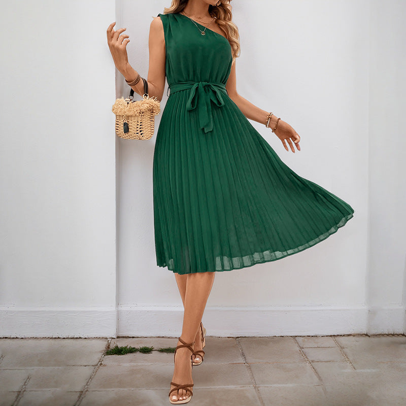 Damen Plissee Midi-Kleid mit tailliertem Gürtel und elegantem Schnitt Drune