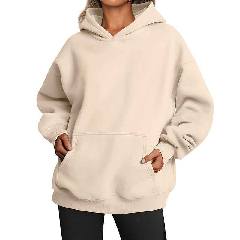 Damen nan Oversize-Kapuzenpullover mit verlängertem Rückenteil, innen angerautem Fleece und Kängurutasche Drune