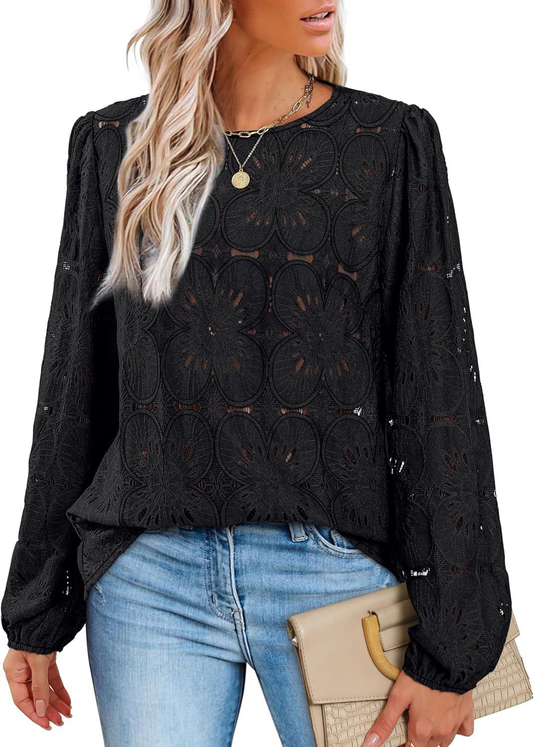 Damen Stilvolles Blusenshirt mit floralem Lochmuster und weiten Ärmeln Drune