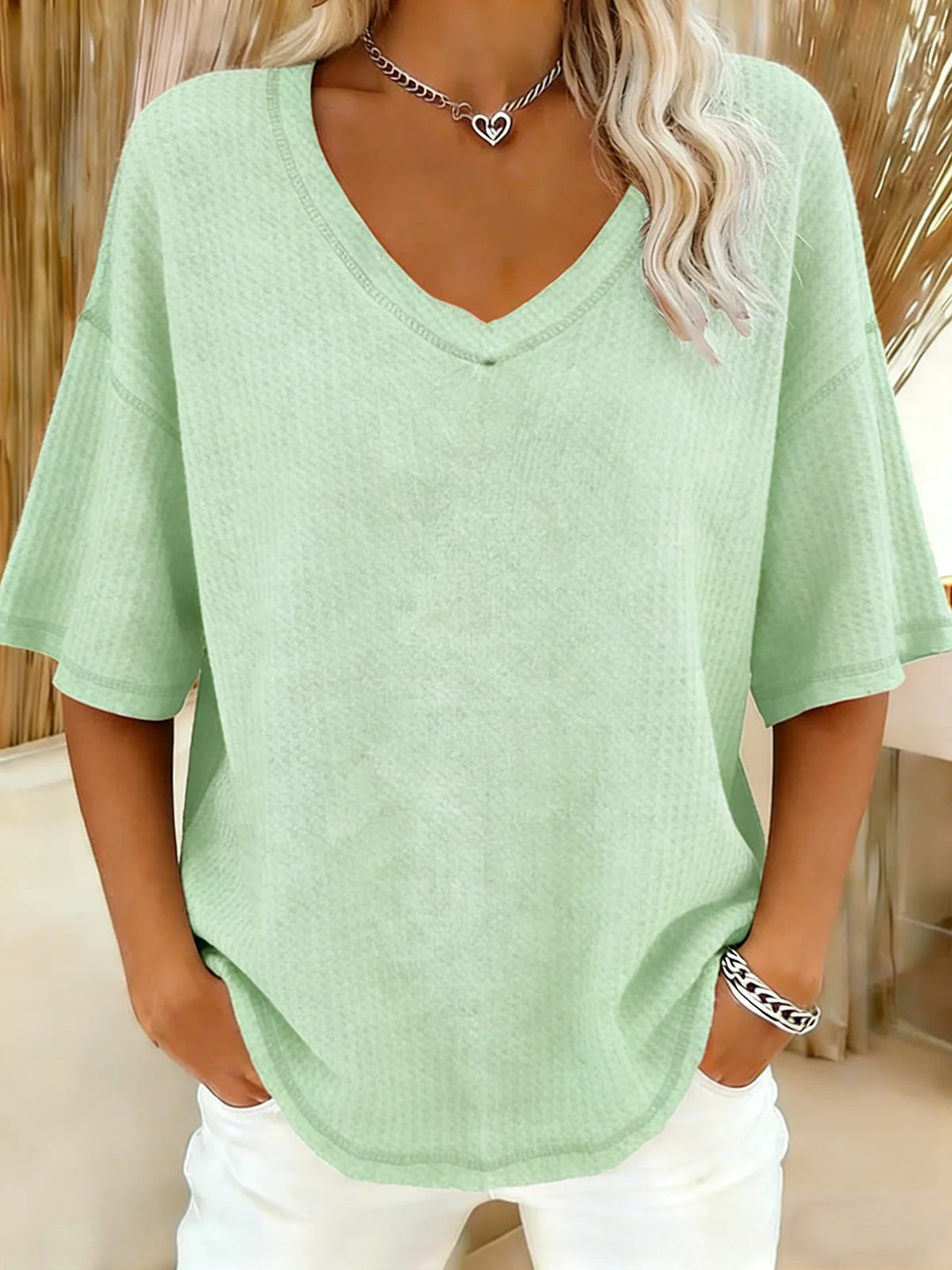 Damen lässiges Oversize-Shirt mit V-Ausschnitt und strukturiertem Muster Drune