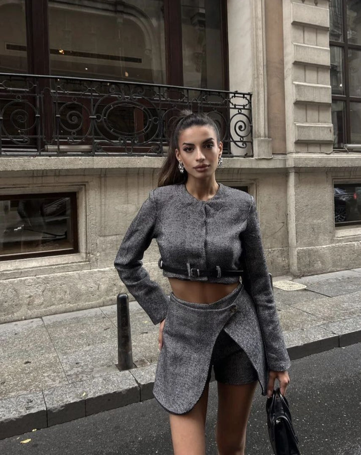 Damen Chic Cropped Blazer mit coolem Gürtel Drune