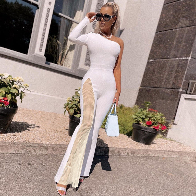 Damen figurbetontes Jumpsuit mit asymmetrischem Ausschnitt und netzseitigen Einsätzen Drune