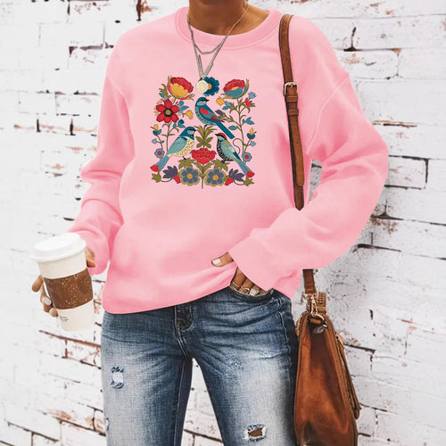 Damen Sweatshirt mit floralem Vogelmotiv und lässigem Schnitt Drune