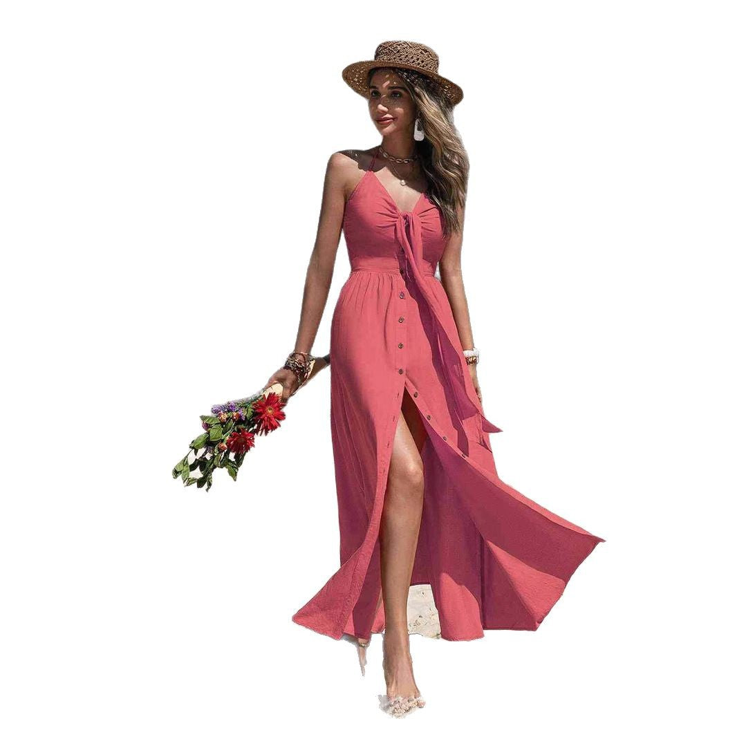 Damen Sommerliches Maxikleid mit gerafftem Melange-Design und schmalem Y-Ausschnitt Drune